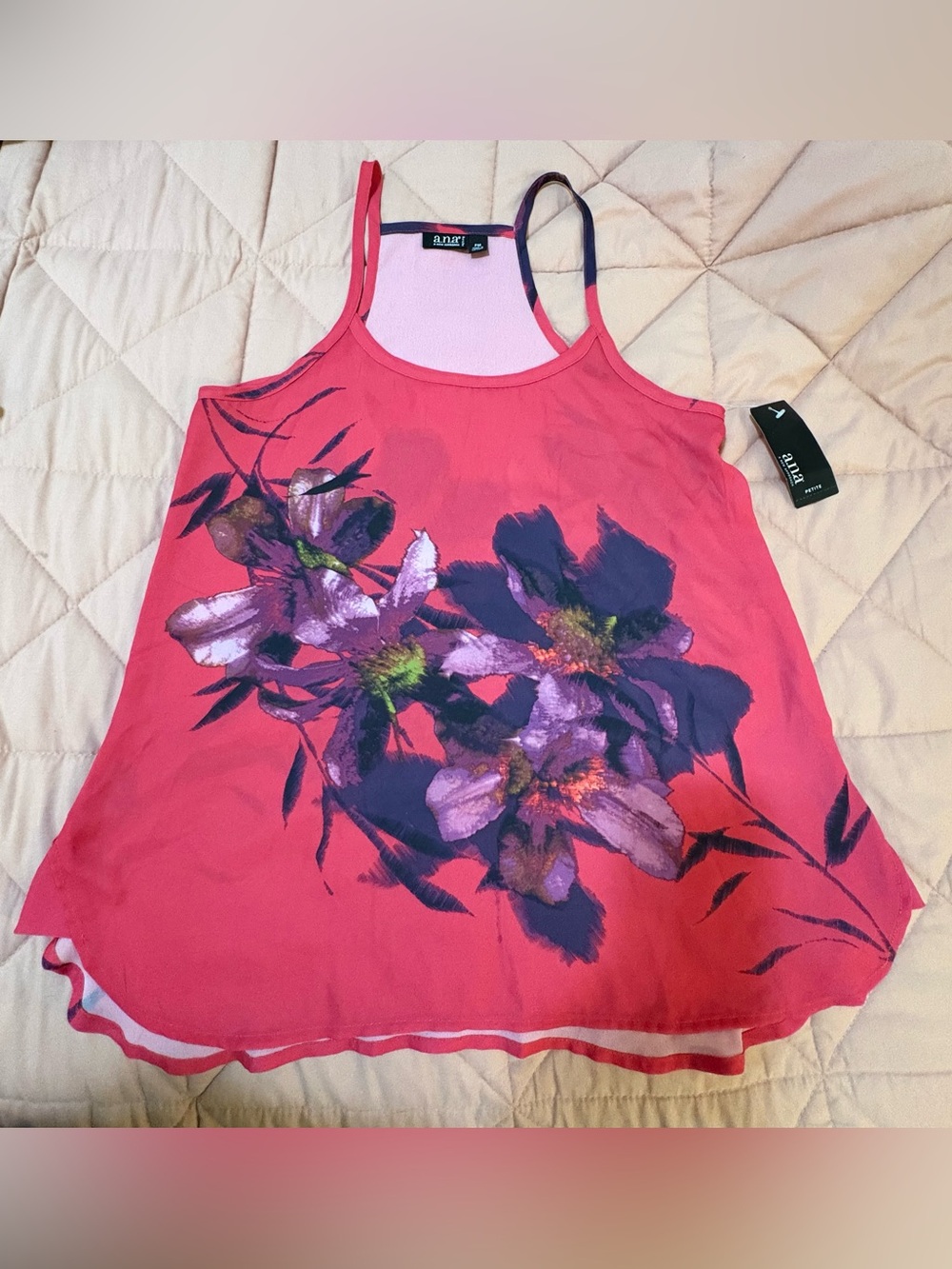 A.N.A Pink Floral Print Spaghetti Strap Tank Top Racer Back sz Petite Medium NWT